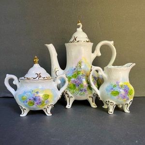 VTG Violet Tea Set Hand-painted Porcelain Teapot Creamer Sugar Bowl Victorian